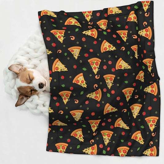 Pet Blanket for Travel and Home, Cartoon Pizza Slices, Reversible Plush Dot Design with Soft Grip Texture on One Side Perfect for Car Seats Moving Vehicles