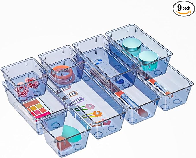 WOWBOX 9 Pack Clear Drawer Organizer Set, Acrylic Drawer Storage Trays, Storage Bins for Makeup, Cosmetics, Jewelries, Utensils, Gadgets, Office, Dark Blue