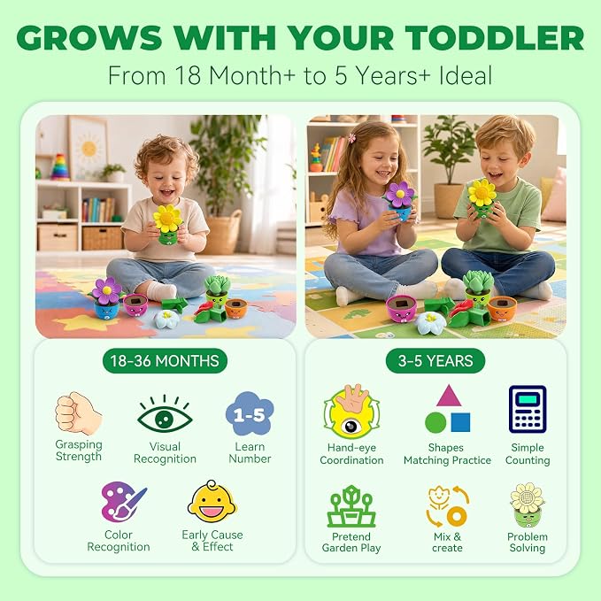 Montessori Flower Garden Building Toy for Girls & Boys, Toddler Gardening Set with 5 Shape & Number Flowers, Preschool Learning Matching & Stacking Game, Sensory Toys Gifts for 1 2 3 Year Old