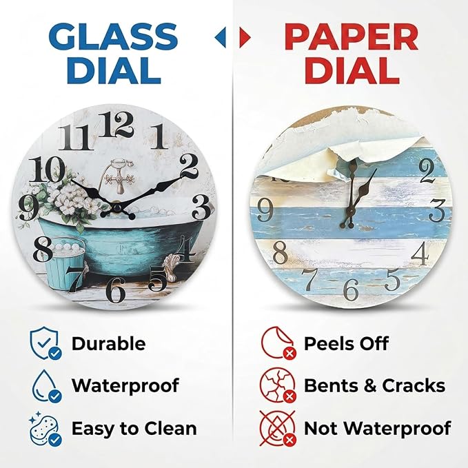Silent Wall Clocks for Bathroom, Rustic Style Waterproof Glass Wall Clock for
