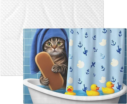 Waterproof Dog Blanket Soft Pet Blanket for Puppy, Fleece Cat Throw Blankets for Furniture Bed Couch Sofa Reversible - Funny Cat Taking a Bath