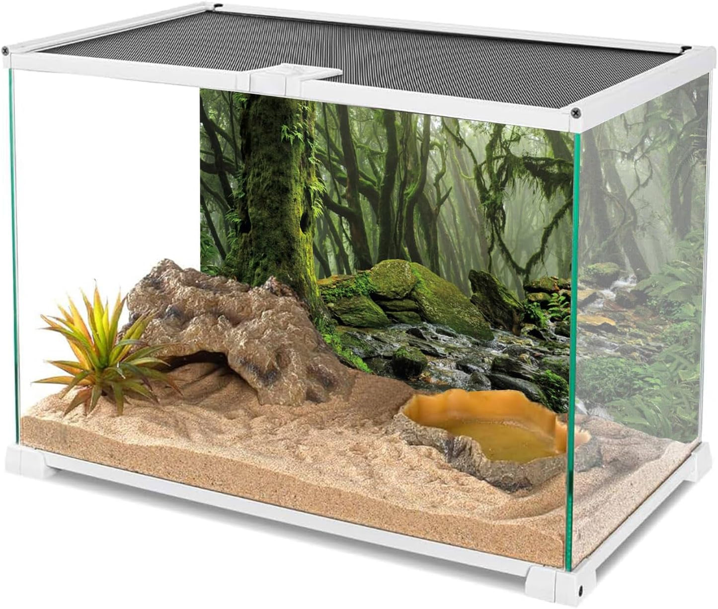 AWERT Foggy Forest Terrarium Background Stream Green Huge Tree Reptile Habitat Background Tropical Rainforest Aquarium Background 24x12 inches Durable Polyester Background