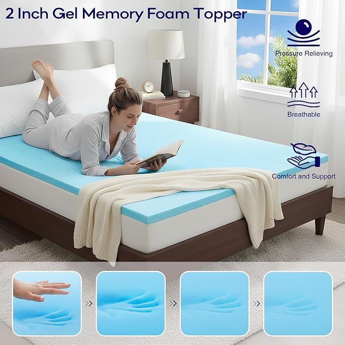 OLANLY Dual-Layer 4 Inch Twin XL Size Memory Foam Mattress Topper for College Dorm Room Essentials, 2 Inch Gel Memory Foam Topper, 2 Inch Cooling Pillow Top Mattress Pad Cover, Black