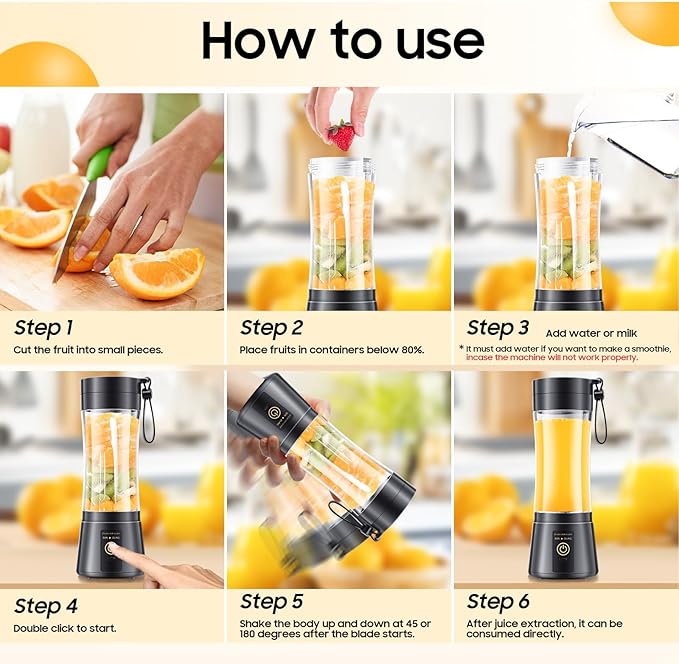 Cordless Portable Personal Size Blender - USB Rechargeable Blender for Smoothies and Shakes, 6 Blades with 380Ml BPA Free Juice Cup, Freshly Squeezed for Picnic/Sports