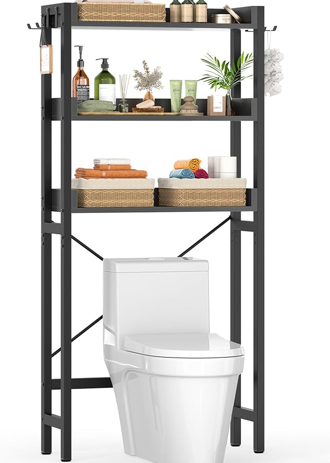 Ecoprsio Over-The-Toilet Storage Rack, 3-Tier Bathroom Organizer Shelf Over Toilet, Freestanding Space Saver Toilet Stands with 4 Hooks, Black