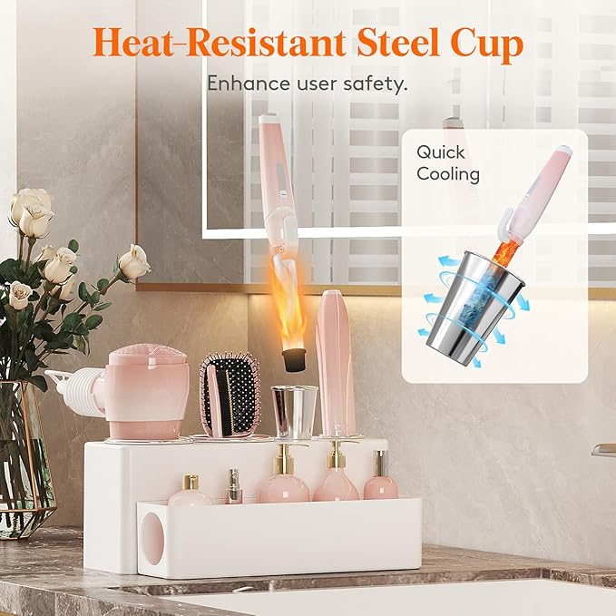 Lifewit Hair Tool Organizer Countertop, Removable Blow Dryer Holder for Bathroom, Acrylic Hot Tools Organizer Storage for Curling Iron, Brush, Straightener, 4 Stainless Cups, White, 30 cm/12 inch(L)