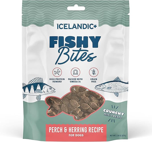 Icelandic+ Fishy Bites: Perch & Herring - 2oz - Dog Treats, Crunchy Mini Snacks, 3 Ingredient Pet Rewards, Preservative Free, Slow Baked, Natural