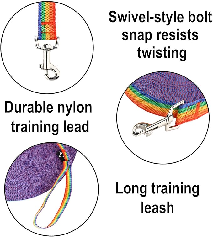 Hi Kiss Dog/Puppy Obedience Recall Training Agility Lead - 15ft 20ft 30ft 50ft 100ft Training Leash - Great for Training, Play, Camping, or Backyard (15 Feet, Rainbow)