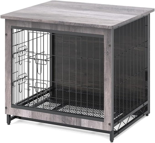 Feandrea 32.5" Dog Crate Furniture, Indoor Dog Cage Side End Table, L Pet Wood Kennel for Large and Medium Dogs up to 45 lb with Multi-Purpose Removable Tray, Double-Door Pet House, Greige