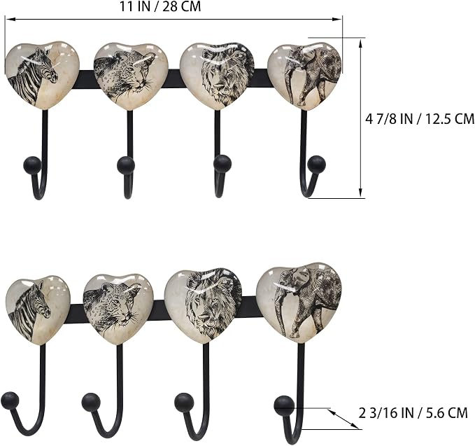 Coat Rack Wall Mounted with 4 Hook, Heart Glass Finishes Animal Pattern