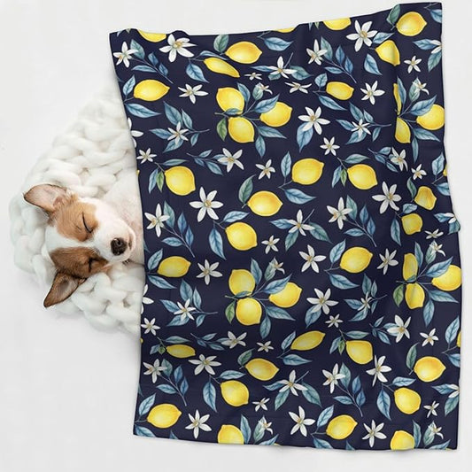 Two Sided Pet Cuddler Blanket for Anxiety Calming, Citrus Fruit Flower Lemon Green, Reversible Plush Design with Bubble Dot Pattern Provides Familiar Surface Anywhere