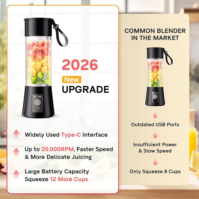 Cordless Portable Personal Size Blender - 2026 Upgraded New Blender for Shakes and Smoothies with 13 Oz BAP Free Juice Cup, USB Rechargeable Freshly Squeezed for Picnic/Sports