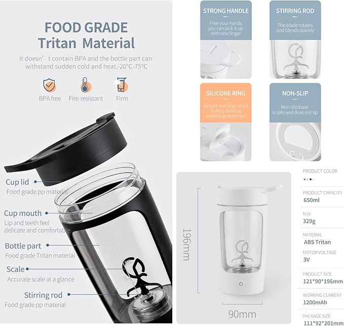 Electric Shaker Bottle, Blender Bottles For Protein Mixes, | Tritan | BPA Free| Portable Mixer Cup, Rechargeable Shake Cups And Meal Replacement Shakes, 22 oz(Black)