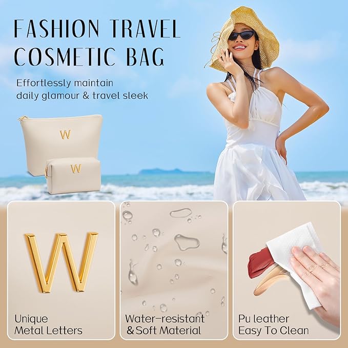 Valentine's Day Gifts for Women Girlfriend Initial Makeup Bag for Teen Girls Personalized Gifts for Friend Teacher Mom Wife Cosmetic Travel Toiletry Bag(Beige,W)