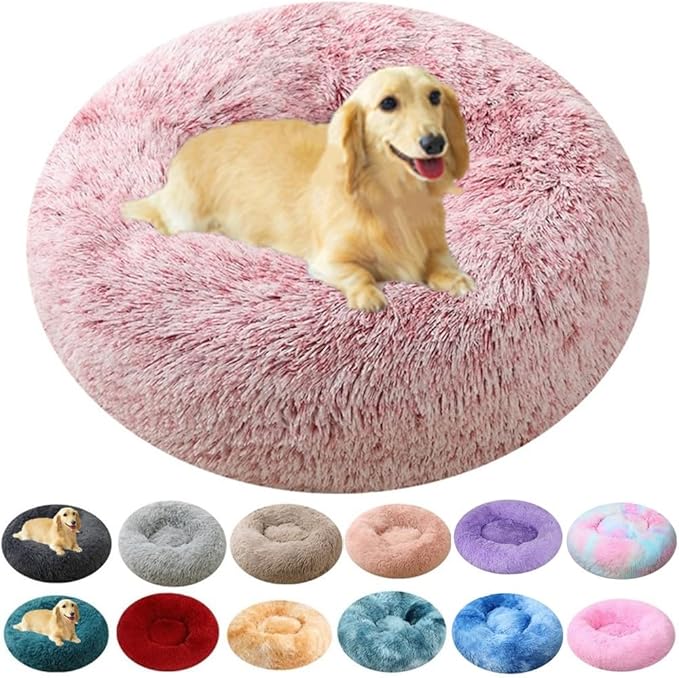 Calming Small Dog Bed & Cat Bed, 16 Inch Donut Fluffy Anti-Anxiety Round Bed Washable Cute Bed, Cuddler Warming Cozy Soft Bed, Plush Cushion Bed for Small Medium Dogs and Cats (Rose White)
