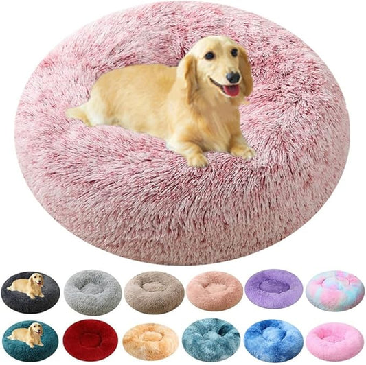 Calming Large Dog Bed Cat Bed, 40 Inch Donut Fluffy Anti-Anxiety Round Bed Washable Cute Bed, Cuddler Warming Cozy Soft Bed, Plush Cushion Bed for Small Medium Dogs and Cats (Rose White)