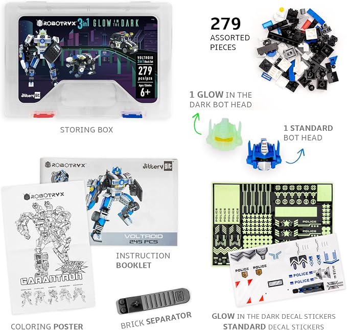 JITTERYGIT Robot Police Mech Glow in The Dark Toy Cop Gift, SWAT Action Figure Buildable STEM Building Superheroes Soldier - Cool Present for Boys, Girls, Kids, Children Ages 6 7 8 9 10 Year Olds