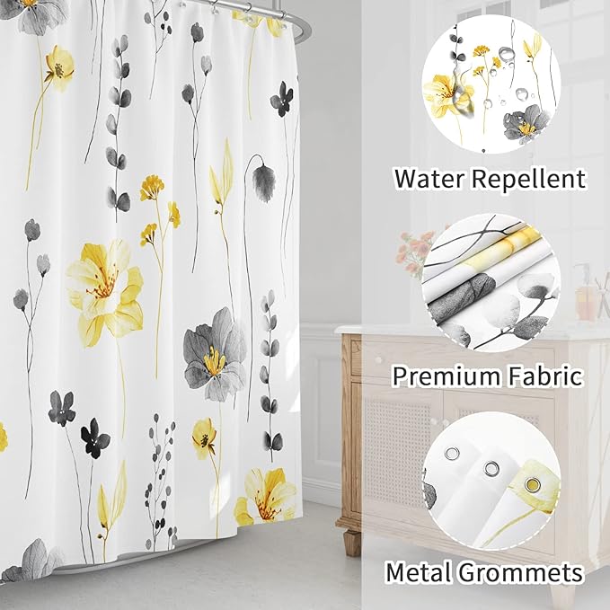 Gibelle Extra Long Shower Curtain 72 x 84, Watercolor Floral Fabric Shower Curtain, Yellow Grey Flower Decorative Bathroom Shower Curtain Set with Hooks