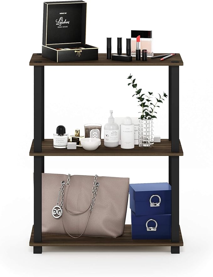 Furinno TURN-S-TUBE Storage Shelves, 3-Tier Book Shelf, Corner Shelf, Toolless Open Shelves, for Organization and Storage, Living Room, Garage, Home Office, Columbia Walnut