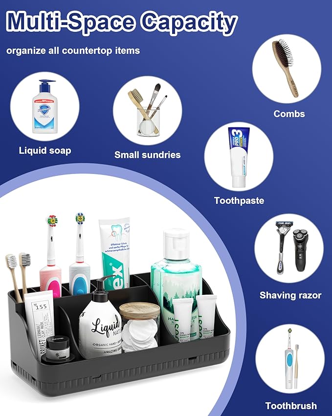 Bathroom Counter Organizer and Storage, 7 Slots Detachable Toothbrush Holders for Bathrooms, Anti-Slip Electric Toothbrush and Toothpaste Holder Countertop Vanity Organizer Accessories for Adults Kids