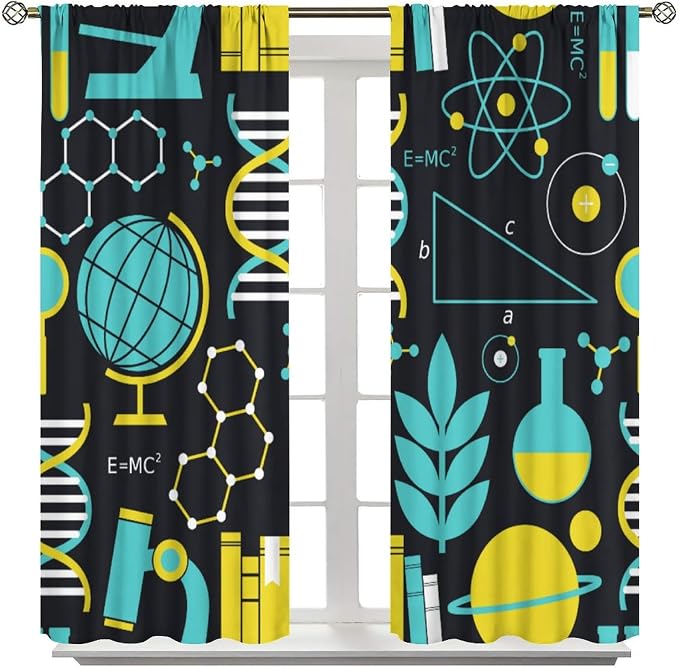 Science Bedroom Curtains, Chemistry Science Pharmacy Research Blackout Rod Pocket Window Drapes for Childs Girls Boys Bedroom Living Room Home Set 2 Panels,63x72 Inches