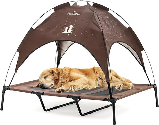 GrandTies Cooling Elevated Dog Bed with Canopy – XL Portable Pet Cot for Outdoor & Indoor Use – Waterproof Removable Shade, Breathable Mesh, Slip-Resistant Feet, Easy Assembly – Coca Mocha
