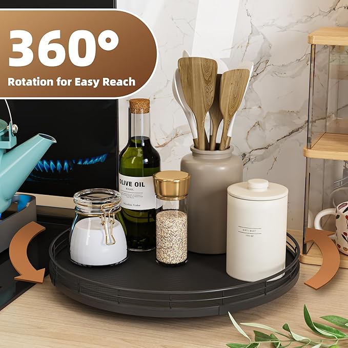 13" Lazy Susan Turntable Organizer for Table Top, Round Wooden Lazy Susan for Cabinet Kitchen Decor Centerpieces Coffee Table, Storage Condiments Spices, Bathroom Vanity Tray for Soap, Black