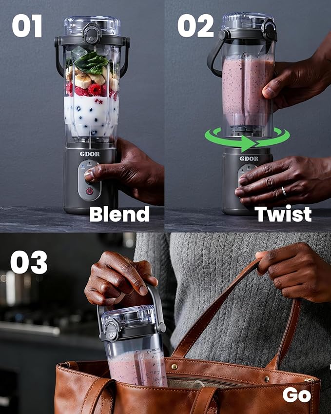 GDOR Cordless Portable Blender for Shakes and Smoothies, Personal Blender with Detachable Base and Twist-and-Go Cup, 3 Auto Programs, 2x23 oz Cups, USB-C Rechargeable, Dishwasher Safe, BPA-Free