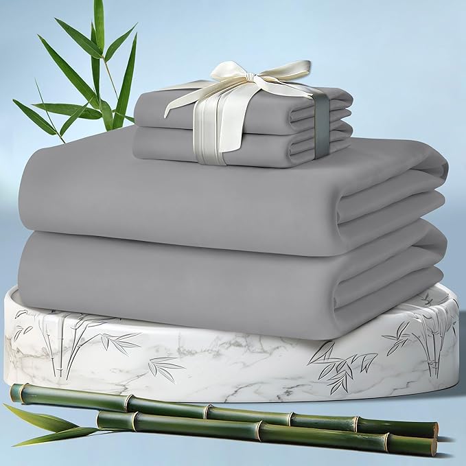 DECOLURE 100% Viscose Derived from Bamboo Sheets Cal King Size 4pcs - Ultra Soft & Luxuriously Cooling, 17" Deep Pocket, Double Stitching, Perfect for Hot Sleepers - King Bed Sheets (Midgrey)