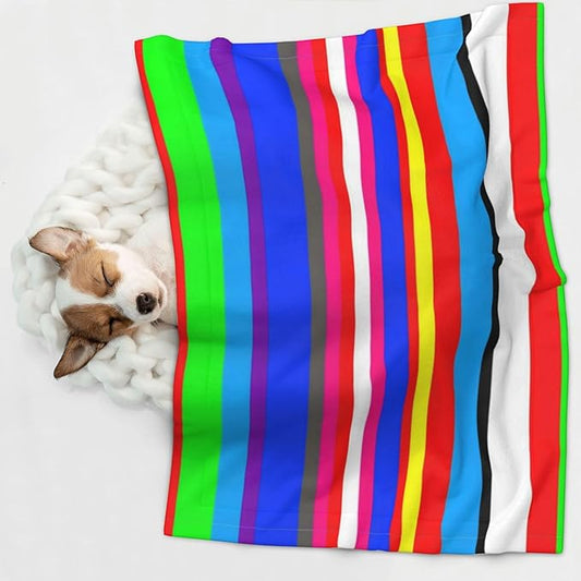 Two Sided Pet Cuddler Blanket for Anxiety Calming, Novel Colorful Mexican Blanket Stripes, Reversible Plush Design with Bubble Dot Pattern Provides Familiar Surface Anywhere