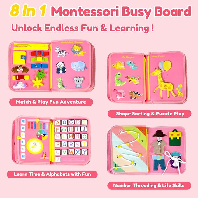 Toddler Busy Board Montessori Toys – Sensory Busy Book, Educational Learning Travel Toy for Airplane & Car, Keeps Toddlers Engaged, Birthday Gifts for Toddler Girls