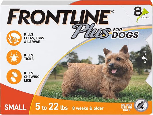 FRONTLINE Plus for Dogs Flea and Tick Treatment (Small Dog, 5-22 lbs.) 8 Doses (Orange Box)