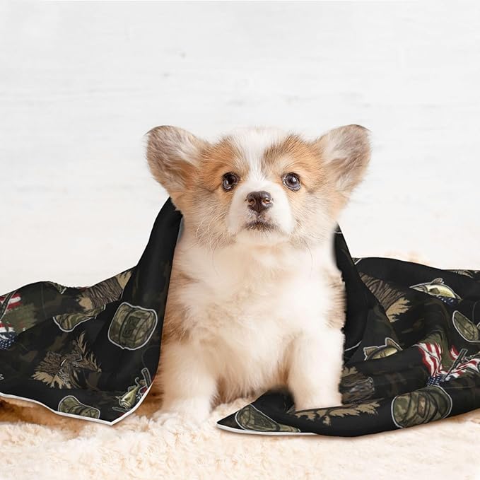 Dog Cat Blanket Double Sided, Hunting Deer Bass Fishing Lure Camo Camouflage American Flag Black, Plush with Raised Dot Pattern and Smooth Reverse for Cuddling