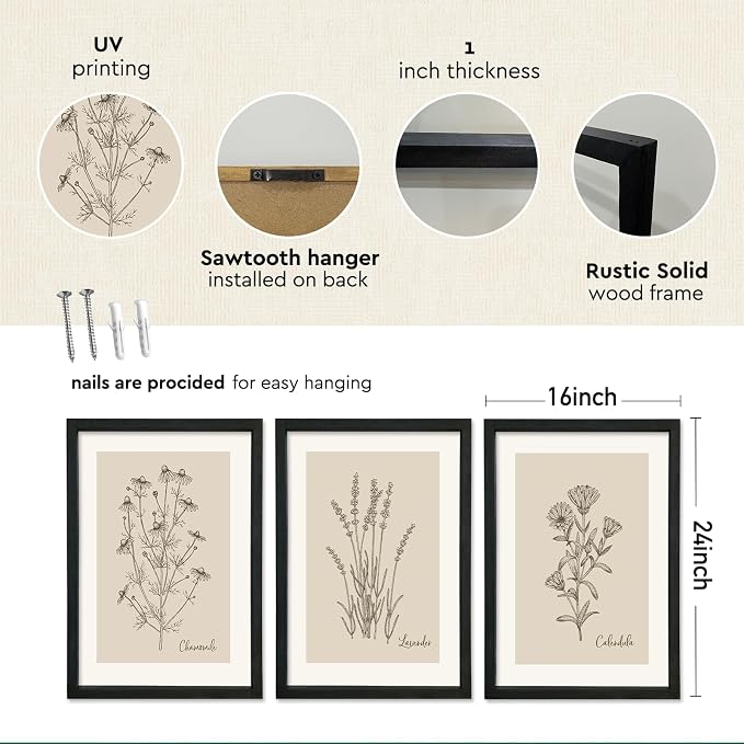YWJKWLGS Vintage Botanical Wall Art 16x24 Inch Set Of 3 Wooded Framed