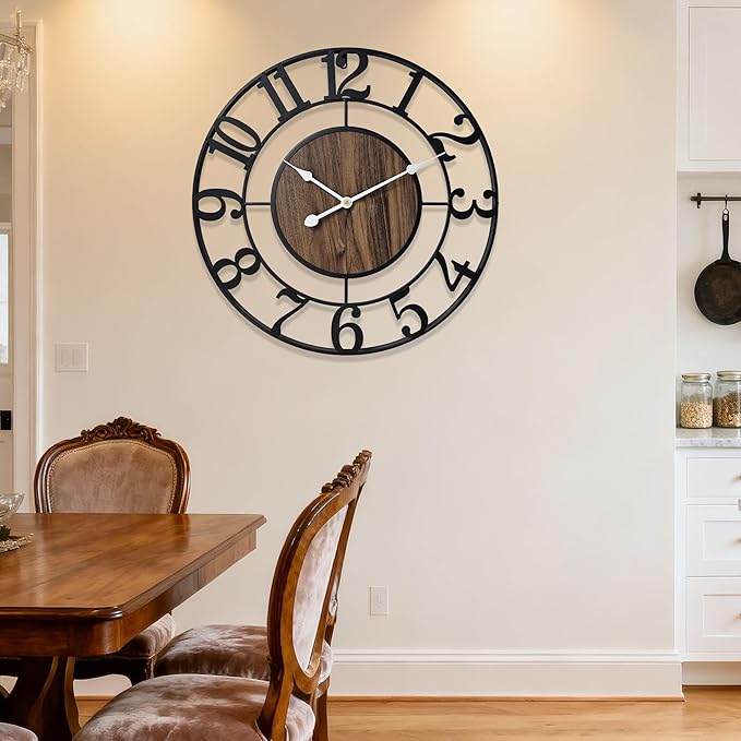 Large Metal Wall Clock, 32 Inch Retro Decorative Silent, Non Ticking, Battery