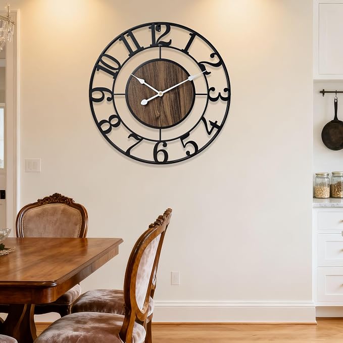 Large Metal Wall Clock, 30 Inch Retro Decorative Silent, Non Ticking, Battery