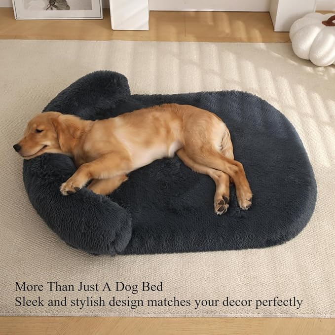 Calming Dog Bed - Fluffy Plush Mat with Removable Washable Cover | Furniture Protector for Large Dogs & Cats(White,21.65X15.75X4.33in)