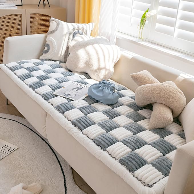 FunnyFuzzy Cream-Coloured Plaid Square Pet Mat Bed Couch Cover, Winter Thickened Dog Bed Cover Pet Blanket Sofa Couch Furniture Protector for Kids Dog Cat(Size:27.6 * 70.9 in,Color:Grey)
