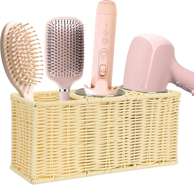 Hair Tool Organizer,Wall Mount Curling Iron Holder,Waterproof Wicker Hot Tools Organizer for Hair Dryer,Flat Irons,Curling Wands,Straighteners Storage,in Cabinet,Bathroom,Vanity (Nature)