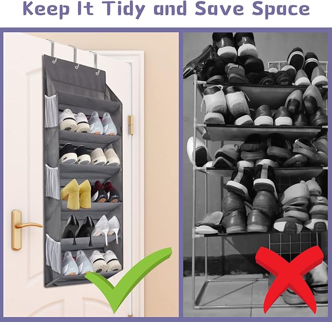 Over the Door Shoe Rack Organizer Hanging Fits 12 Pairs Shoes with 6 Mesh Pockets 6 Deep Large Pockets 50lbs Weight Capacity Behind the Door Storage Organizers for Closet Narrow Door 1 Pack
