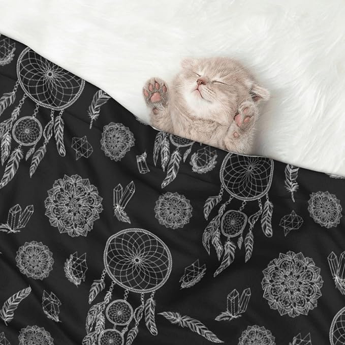 Double Sided Pet Mat for Dog Bed Topper Cat Blanket Furniture Protector, Black and White Mysterious Dream Catcher, Reversible Plush with Tactile Dot Pattern for Style Change