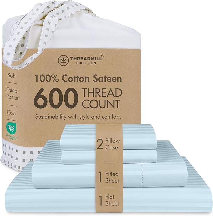 Threadmill 100% Cotton Sheets for Full Size Bed - 600 Thread Count Full Bed Sheets Set with 16” Deep Pocket - Damask Stripe Sateen Weave 4-Piece Bedding Set with Cooling Effect, Blue