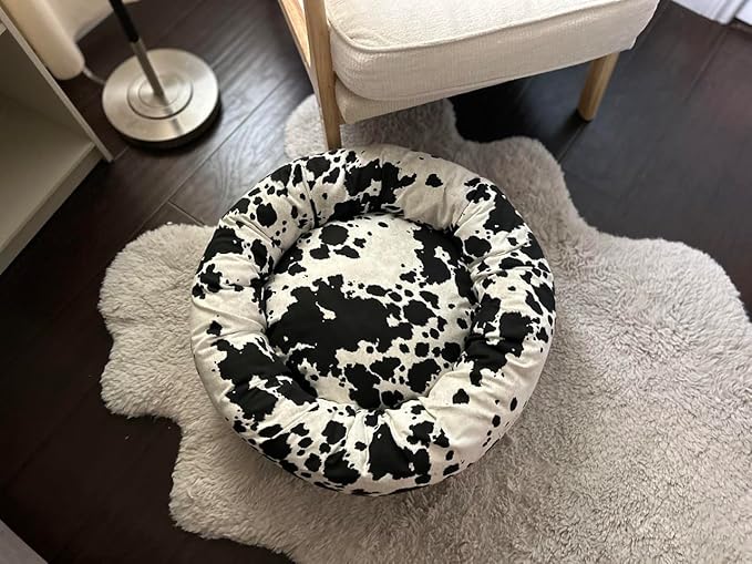 Organic Cotton Canvas Dog Bed: Removable Cover, Natural Fill - Made in USA (Cow Print Black White, Small 24" x 7" inches)