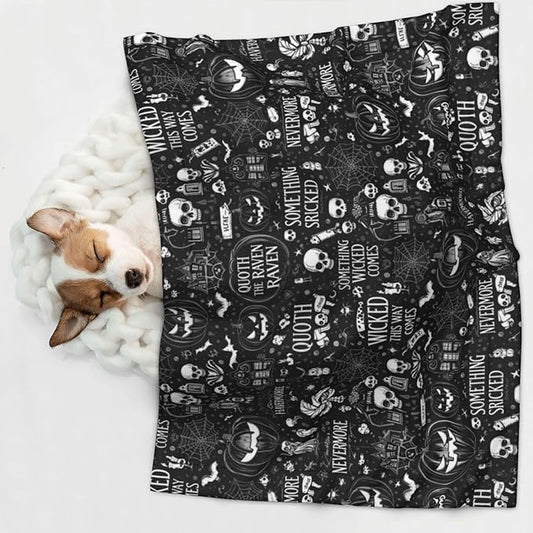 Dog Cat Blanket Double Sided, Halloween Witchcraft Witch Pumpkin Spider Web Bat Raven Magic Board Spirit Skull Skeleton Vintage Black, Plush with Raised Dot Pattern and Smooth Reverse for Cuddling