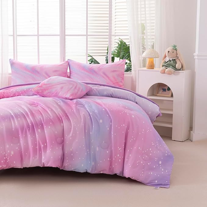4Pcs Pink Comforter Set Full for Kids Girls, Pink Art Tie Dye Bedding Sets with Sheets, Bed in A Bag Full(1 Comforter, 1 Flat Sheet, 2 Pillowcases)