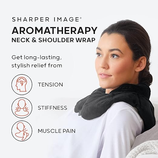 Sharper Image Heated Neck & Shoulder Wrap - Microwavable Warm & Cooling Plush Pad, Scented Aromatherapy (100% Natural Lavender & Herb Spa Blend), Pain Tension Headache Relief Therapy, Gift for Women