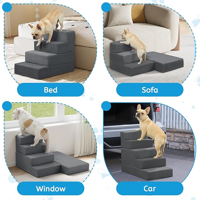 Dog Stairs for Small Dogs, 4 Step Pet Stairs for High Beds and Couch, Dog Steps for Bed Balanced 18" H, Foldable Pet Ramp for Large Cats Climb, Non-Slip Bottom Doggy Step, Dark Grey