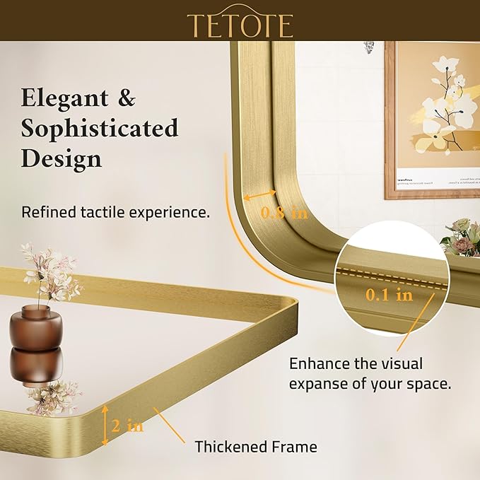 TETOTE 60 x 40 Inch Brushed Gold Frame Mirror, Brass Bathroom Vanity Mirror for Wall, Modern Rectangle Round Corner Matte Framed Mirror (Horizontal/Vertical)