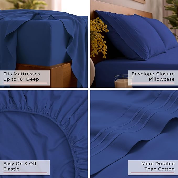 Mellanni Queen Sheets Set - 4 PC Iconic Collection Bedding - Hotel Luxury, Extra Soft, Cooling Bed Sheets - Wrinkle, Fade, Stain Resistant (Queen, Royal Blue)