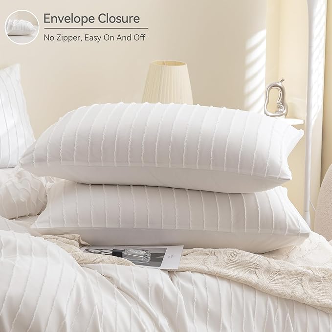 JELLYMONI Duvet Cover Full Size White - 3PCS Boho Striped Duvet Cover Set Polyester Tufted Bohemian Textured Comforter Cover 80×90in with Corner Ties & Zipper and 2 Pillowcases
